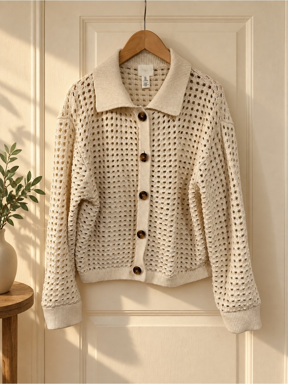 H&M Open-Knit Button-Front Collar Sweater Jacket — Cream Size Large